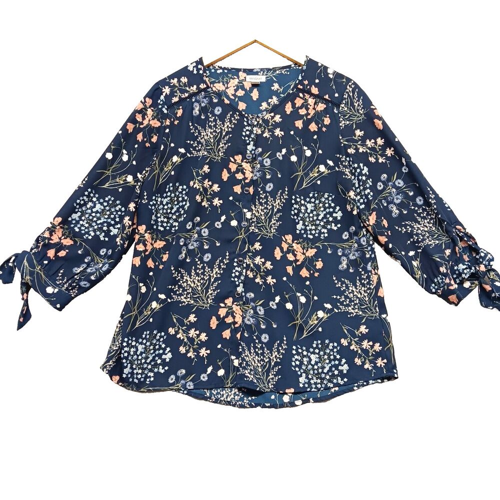 Westport Women Sz PL Blue Floral V-Neck 3/4 Tie Sleeve Button Up Sheer Blouse